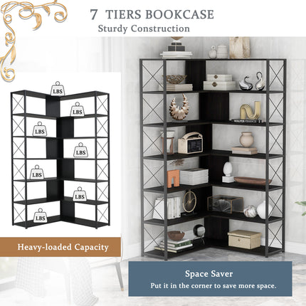 BC2- 7-Tier Bookcase Home Office Bookshelf, L-Shaped Corner Bookcase with Metal Frame, Industrial Style Shelf with Open Storage, MDF Board - Likeshoppe 
