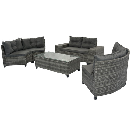 PX13- 8-pieces Outdoor Wicker Round Sofa Set;  Half-Moon Sectional Sets All Weather;  Curved Sofa Set With Rectangular Coffee Table;  PE Rattan Water-resistant and UV Protected;  Movable Cushion - Likeshoppe 