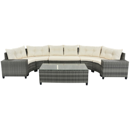 PX13- 8-pieces Outdoor Wicker Round Sofa Set;  Half-Moon Sectional Sets All Weather;  Curved Sofa Set With Rectangular Coffee Table;  PE Rattan Water-resistant and UV Protected;  Movable Cushion - Likeshoppe 