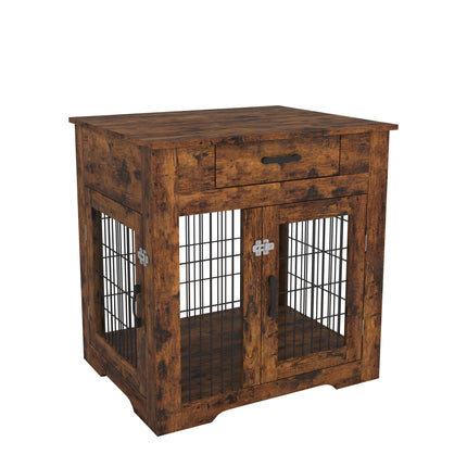 AB7- Furniture Style Dog Crate End Table with Drawer;  Pet Kennels with Double Doors;  Dog House Indoor Use; Rustic brown. - Likeshoppe 
