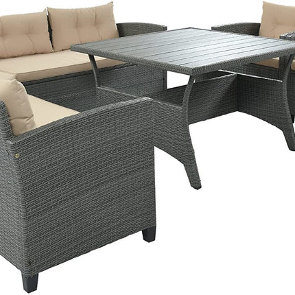 PX14- 6-Piece Outdoor Wicker Sofa Set, Patio Rattan Dinning Set, Sectional Sofa with Thick Cushions and Pillows, Plywood Table Top, For Garden, Yard, Deck - Likeshoppe 