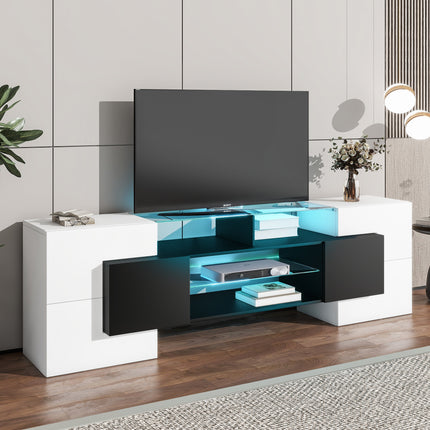 TV12- ON-TREND Unique Shape TV Stand with 2 Illuminated Glass Shelves, High Gloss Entertainment Center for TVs Up to 88", Versatile TV Cabinet with LED Color Changing Lights for Living Room, Black&White - Likeshoppe 