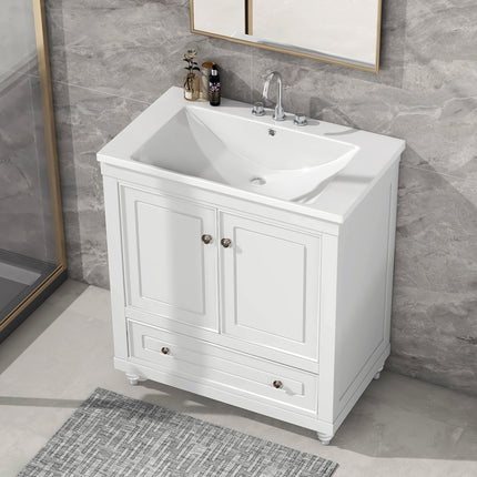 PT7- 30" Bathroom Vanity with Sink;  Combo;  Cabinet with Doors and Drawer;  Solid Frame and MDF Board;  White - Likeshoppe 