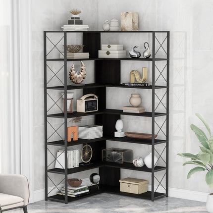 BC2- 7-Tier Bookcase Home Office Bookshelf, L-Shaped Corner Bookcase with Metal Frame, Industrial Style Shelf with Open Storage, MDF Board - Likeshoppe 