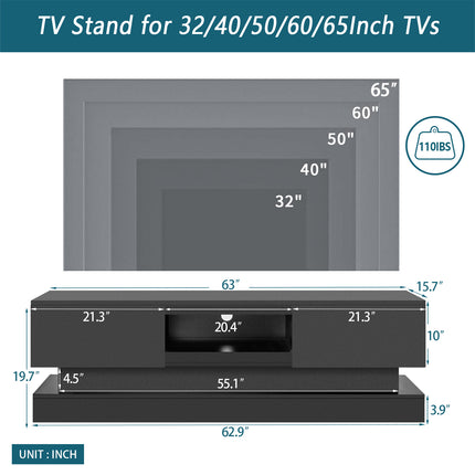 TV5- 63inch BLACK morden TV Stand with LED Lights,high glossy front TV Cabinet,can be assembled in Lounge Room, Living Room or Bedroom,color:BLACK - Likeshoppe 