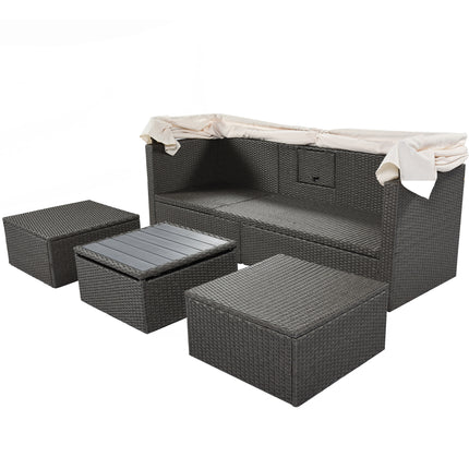 PX2- Outdoor Patio Rectangle Daybed with Retractable Canopy, Wicker Furniture Sectional Seating with Washable Cushions, Backyard, Porch - Likeshoppe 