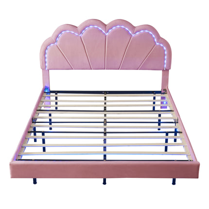 BR2- Queen Upholstered Smart LED Bed Frame with Elegant Flowers Headboard,Floating Velvet Platform LED Bed with Wooden Slats Support - Likeshoppe 