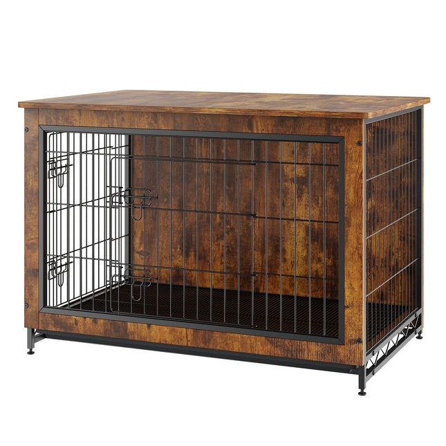 AB1- VEVOR Dog Crate Furniture, 38 inch Wooden Dog Crate with Double Doors, Heavy-Duty Dog Cage End Table with Multi-Purpose Removable Tray, Modern Dog Kennel Indoor for Dogs up to 70lb, Rustic Brown - Likeshoppe 