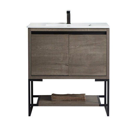 PT5- 32 inches Wood Freestanding Bathroom Vanity Combo with Integrated Ceramic Sink and 2 Soft Close Doors - Likeshoppe 