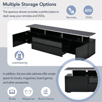 TV14-TREND Modern TV Stand with Push to Open Doors, UV High-Gloss Entertainment Center with Acrylic Board for TVs Up to 80", Stylish TV Cabinet with LED Color Changing Lights for Living Room, Black - Likeshoppe 