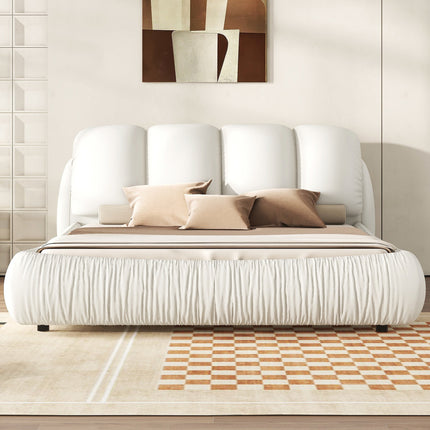 BR4- King Size Luxury Upholstered Bed With Thick Headboard, Leather King Bed with Oversized Padded Backrest, White(Expect Arrive date 2024/2/15) - Likeshoppe 