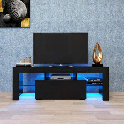 TV26- Black TV Stand with LED RGB Lights; Flat Screen TV Cabinet; Gaming Consoles for Lounge Room; Living Room and Bedroom; Black 51.2''x13.8''x17.7'' - Likeshoppe 