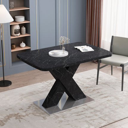DT3- Modern Square Dining Table;  Stretchable;  Printed Black/white Marble Table Top+MDF X-Shape Table Leg with Metal Base - Likeshoppe 