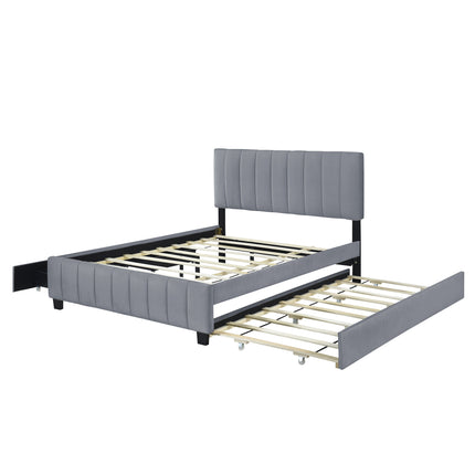 PF3- Queen Size Velvet Upholstered Platform Bed with 2 Drawers and 1 Twin XL Trundle - Likeshoppe 