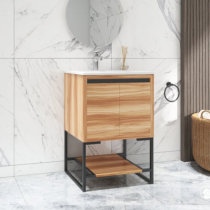 PT6- 24 inches Wood Freestanding Bathroom Vanity Combo with Integrated Ceramic Sink and 2 Soft Close Doors - Likeshoppe 