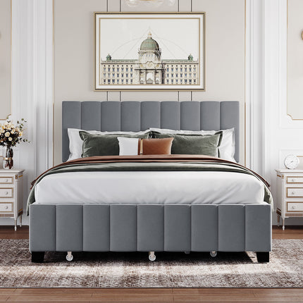 PF3- Queen Size Velvet Upholstered Platform Bed with 2 Drawers and 1 Twin XL Trundle - Likeshoppe 