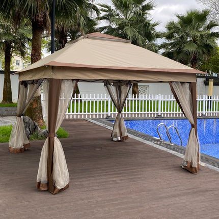 AG10- Outdoor 11x 11Ft Pop Up Gazebo Canopy With Removable Zipper Netting; 2-Tier Soft Top Event Tent; Suitable For Patio Backyard Garden Camping Area; Coffee - Likeshoppe 