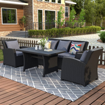 PX17- Outdoor Patio Furniture Set 4-Piece Conversation Set Black Wicker Furniture Sofa Set with Dark Grey Cushions - Likeshoppe 