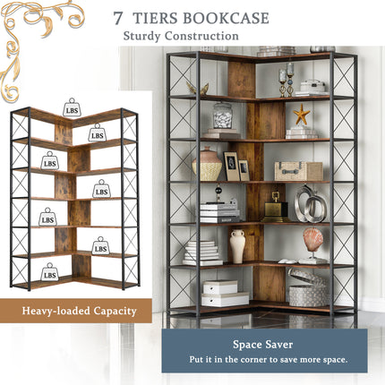 BC2- 7-Tier Bookcase Home Office Bookshelf, L-Shaped Corner Bookcase with Metal Frame, Industrial Style Shelf with Open Storage, MDF Board - Likeshoppe 