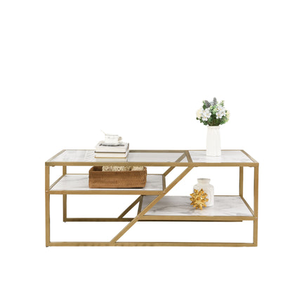 C2- Golden Coffee Table with Storage Shelf;  Tempered Glass Coffee Table with Metal Frame for Living Room&Bedroom - Likeshoppe 