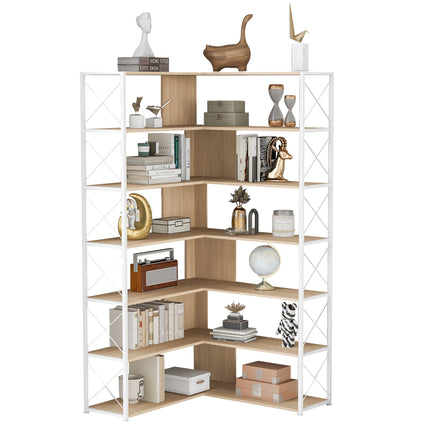 BC2- 7-Tier Bookcase Home Office Bookshelf, L-Shaped Corner Bookcase with Metal Frame, Industrial Style Shelf with Open Storage, MDF Board - Likeshoppe 