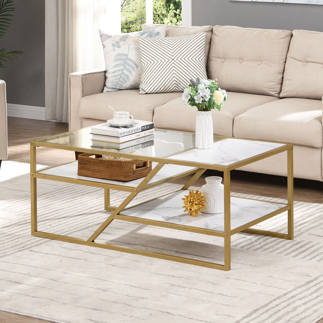 C2- Golden Coffee Table with Storage Shelf;  Tempered Glass Coffee Table with Metal Frame for Living Room&Bedroom - Likeshoppe 