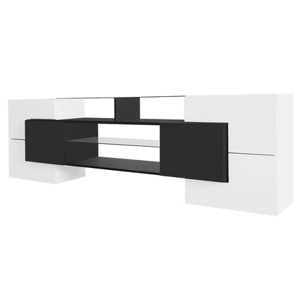 TV12- ON-TREND Unique Shape TV Stand with 2 Illuminated Glass Shelves, High Gloss Entertainment Center for TVs Up to 88", Versatile TV Cabinet with LED Color Changing Lights for Living Room, Black&White - Likeshoppe 