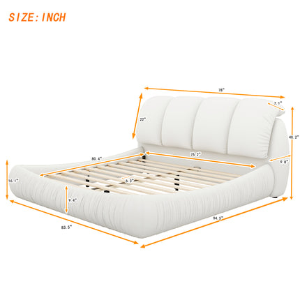 BR4- King Size Luxury Upholstered Bed With Thick Headboard, Leather King Bed with Oversized Padded Backrest, White(Expect Arrive date 2024/2/15) - Likeshoppe 