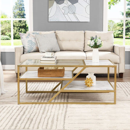 C2- Golden Coffee Table with Storage Shelf;  Tempered Glass Coffee Table with Metal Frame for Living Room&Bedroom - Likeshoppe 