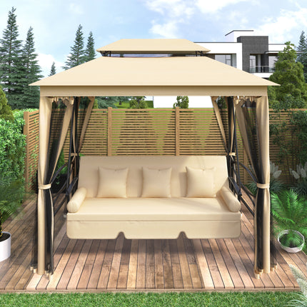 AG8- 8.9 Ft. W x 5.9 Ft. D Outdoor Gazebo with Convertible Swing Bench;  Double Roof Soft Canopy Garden Backyard Gazebo with Mosquito Netting Suitable for Lawn;  Garden;  Backyard - Likeshoppe 