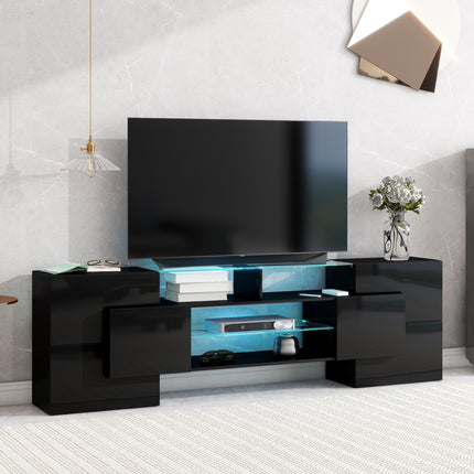 TV15- ON-TREND Unique Shape TV Stand with 2 Illuminated Glass Shelves, High Gloss Entertainment Center for TVs Up to 80", Versatile TV Cabinet with LED Color Changing Lights for Living Room, Black - Likeshoppe 