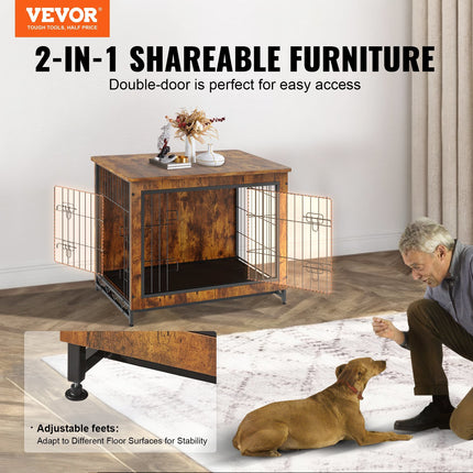 AB4- VEVOR Dog Crate Furniture, 32 inch Wooden Dog Crate with Double Doors, Heavy-Duty Dog Cage End Table with Multi-Purpose Removable Tray, Modern Dog Kennel Indoor for Dogs up to 45lb, Rustic Brown - Likeshoppe 