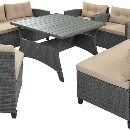 PX14- 6-Piece Outdoor Wicker Sofa Set, Patio Rattan Dinning Set, Sectional Sofa with Thick Cushions and Pillows, Plywood Table Top, For Garden, Yard, Deck - Likeshoppe 