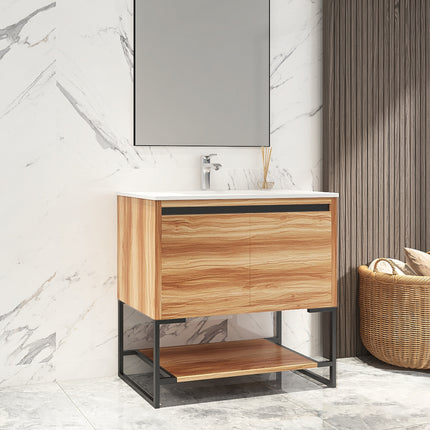 PT5- 32 inches Wood Freestanding Bathroom Vanity Combo with Integrated Ceramic Sink and 2 Soft Close Doors - Likeshoppe 