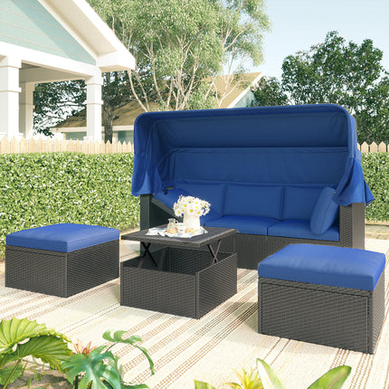 PX2- Outdoor Patio Rectangle Daybed with Retractable Canopy, Wicker Furniture Sectional Seating with Washable Cushions, Backyard, Porch - Likeshoppe 