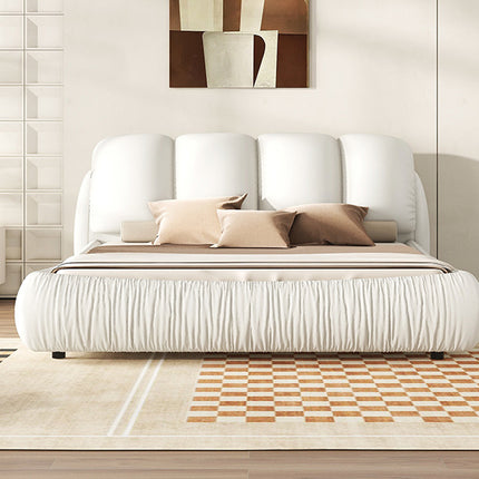 BR4- King Size Luxury Upholstered Bed With Thick Headboard, Leather King Bed with Oversized Padded Backrest, White(Expect Arrive date 2024/2/15) - Likeshoppe 