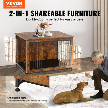AB1- VEVOR Dog Crate Furniture, 38 inch Wooden Dog Crate with Double Doors, Heavy-Duty Dog Cage End Table with Multi-Purpose Removable Tray, Modern Dog Kennel Indoor for Dogs up to 70lb, Rustic Brown - Likeshoppe 