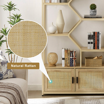 BC3- Rattan bookshelf 5 tiers Bookcases Storage Rack with cabinet for Living Room Home Office - Likeshoppe 