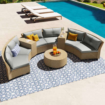 PX3- 6 - Person Fan-shaped Rattan Suit Combination with Cushions and Table,Suitable for Garden - Likeshoppe 