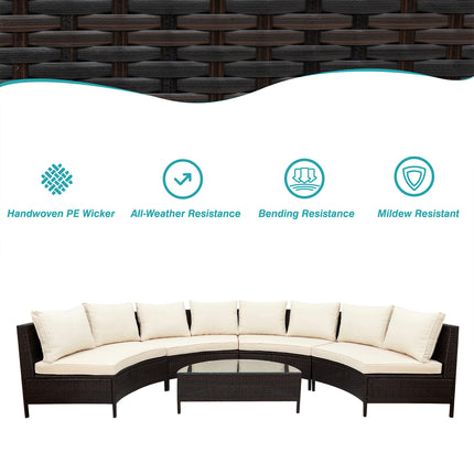 PX16- 5 Pieces All-Weather Brown PE Rattan Wicker Sofa Set Outdoor Patio Sectional Furniture Set Half-Moon Sofa Set with Tempered Glass Table - Likeshoppe 