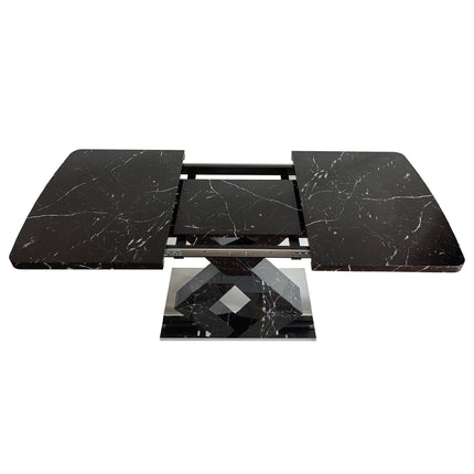 DT3- Modern Square Dining Table;  Stretchable;  Printed Black/white Marble Table Top+MDF X-Shape Table Leg with Metal Base - Likeshoppe 