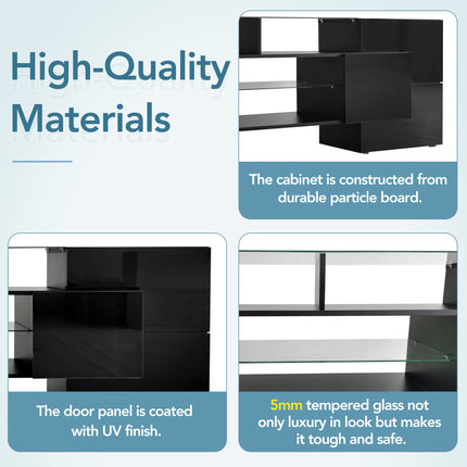 TV15- ON-TREND Unique Shape TV Stand with 2 Illuminated Glass Shelves, High Gloss Entertainment Center for TVs Up to 80", Versatile TV Cabinet with LED Color Changing Lights for Living Room, Black - Likeshoppe 