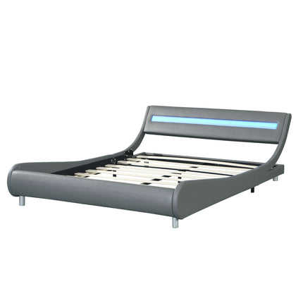 PF2- Faux Leather Upholstered Platform Bed Frame with led lighting , Curve Design, Wood Slat Support, No Box Spring Needed, Easy Assemble, Queen Size, - Likeshoppe 