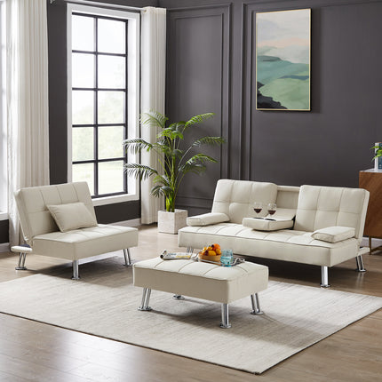 U2- Fabric Folding Sofa Bed with 2 Cup Holders, Removable Armrest and Metal Legs,Single Sofa Bed with Ottoman,3 pcs for 1 sets - Likeshoppe 