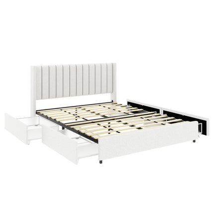 BR9- Anda Queen Size Ivory Boucle Upholstered Platform Bed with Patented 4 Drawers Storage, Tufted Headboard, Wooden Slat Mattress Support, No Box Spring Needed. - Likeshoppe 