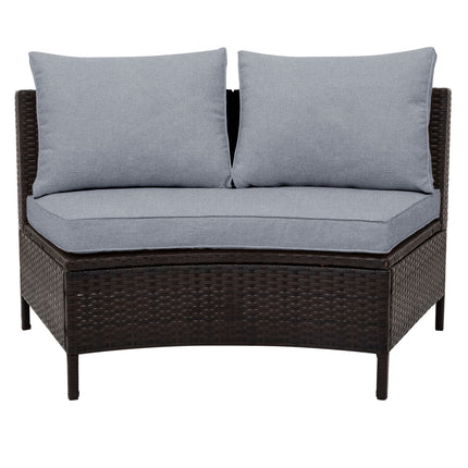 PX16- 5 Pieces All-Weather Brown PE Rattan Wicker Sofa Set Outdoor Patio Sectional Furniture Set Half-Moon Sofa Set with Tempered Glass Table - Likeshoppe 