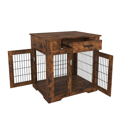 AB7- Furniture Style Dog Crate End Table with Drawer;  Pet Kennels with Double Doors;  Dog House Indoor Use; Rustic brown. - Likeshoppe 