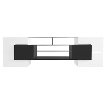 TV12- ON-TREND Unique Shape TV Stand with 2 Illuminated Glass Shelves, High Gloss Entertainment Center for TVs Up to 88", Versatile TV Cabinet with LED Color Changing Lights for Living Room, Black&White - Likeshoppe 