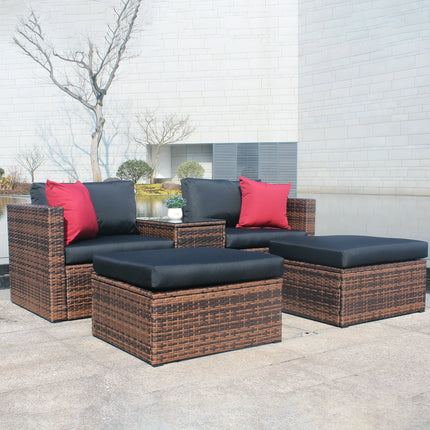 PX15- (5 Pieces Outdoor Patio Garden) Brown Wicker Sectional Conversation Sofa Set with Black Cushions and Red Pillows; w/ Furniture Protection Cover - Likeshoppe 