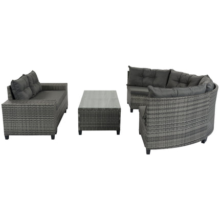 PX13- 8-pieces Outdoor Wicker Round Sofa Set;  Half-Moon Sectional Sets All Weather;  Curved Sofa Set With Rectangular Coffee Table;  PE Rattan Water-resistant and UV Protected;  Movable Cushion - Likeshoppe 